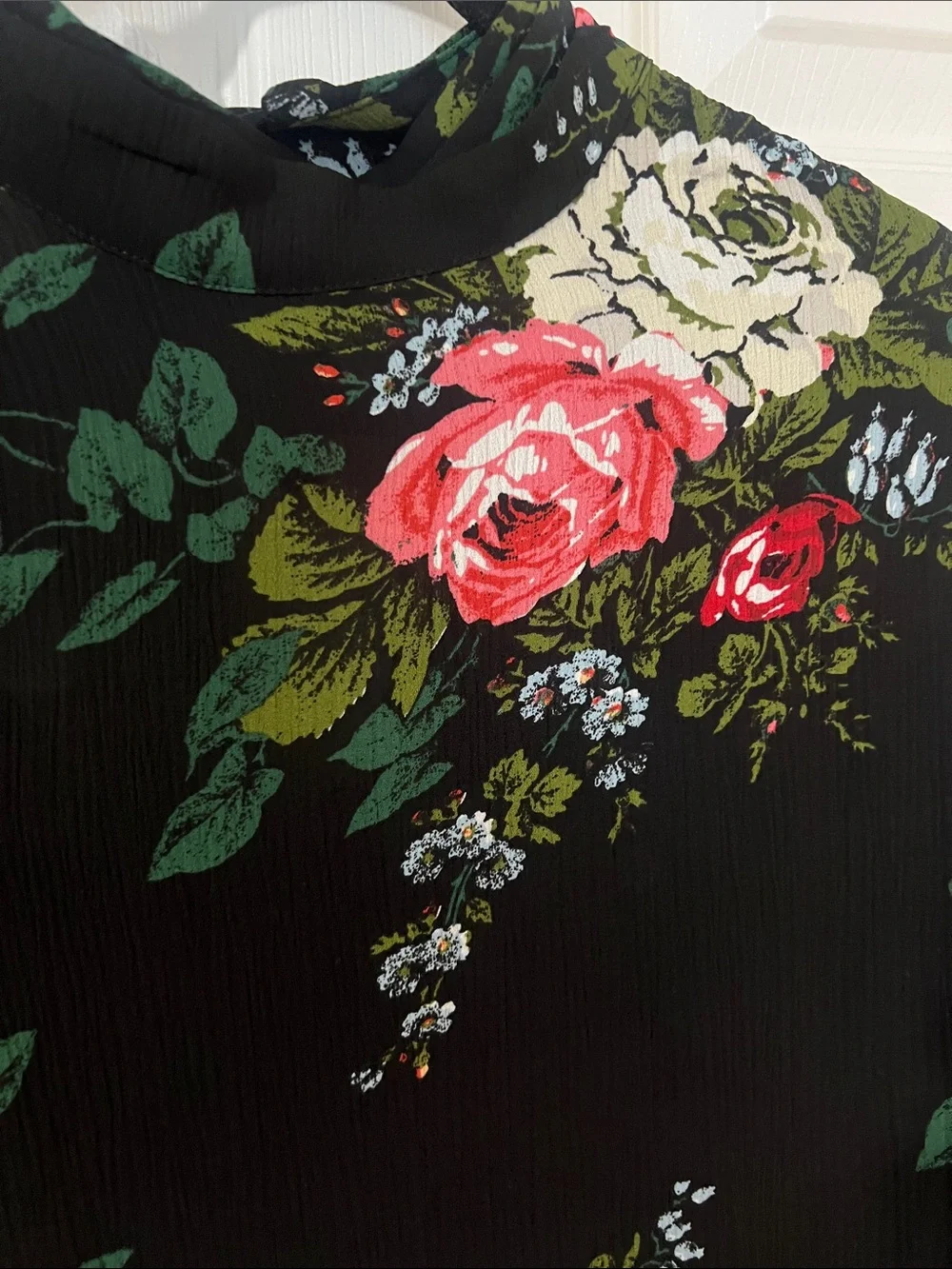 LOFT Black Floral High-Neck Long-Sleeve Blouse with Pink and Cream Roses